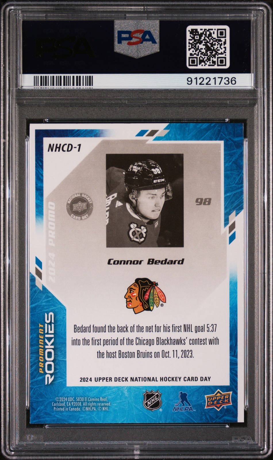 2024 Upper Deck National Hockey Card Day Rookie Connor Bedard PSA 9 view 2