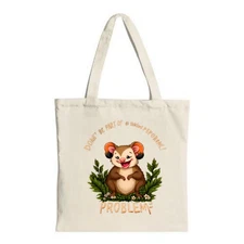 Cartoon Bear Tote Bag - Smiling brown bear with green leaves & white flowers
