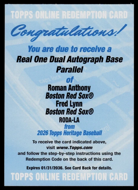2026 Topps Heritage Dual Autographs Redemption Roman Anthony & Fred Lynn Red Sox
