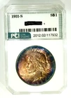 1922-S Rare Date  Peace Dollar Gem BU + Exceptional Vibrant Rainbow Toned Obv.