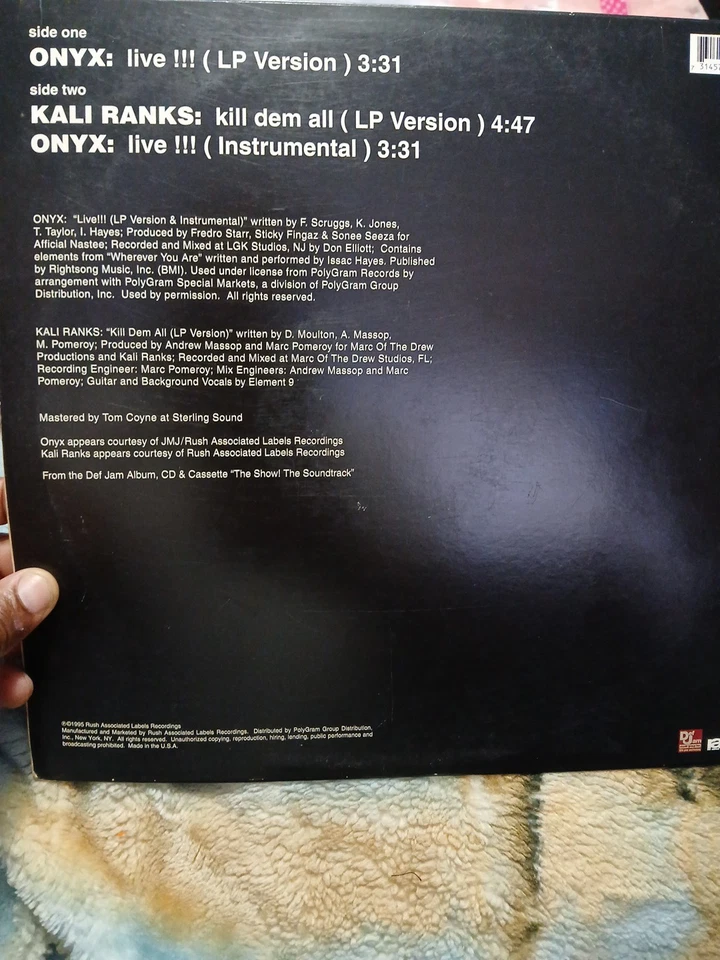 Onyx: Live!!! - Kali Ranks: Kill Dem All 1995 12" Vinyl PROMO Single "The Show" - Image 2 of 2