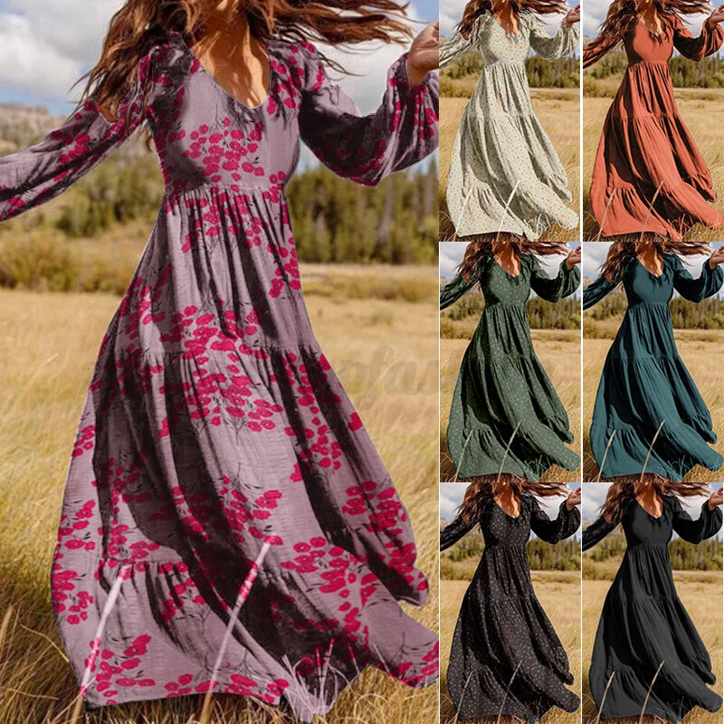 Women V Neck Full Sleeve Floral Long Maxi Dress Pleated Swing Dresses Party