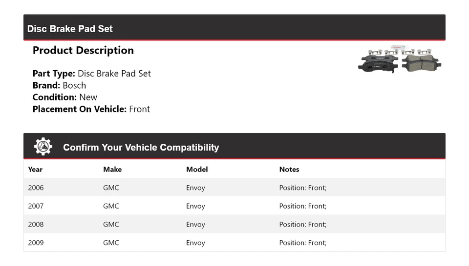 Pastilhas de freio dianteiras 2007 2008 cerâmica QuietCast GMC Envoy Bosch 2006-2009 - Imagem 2 de 4