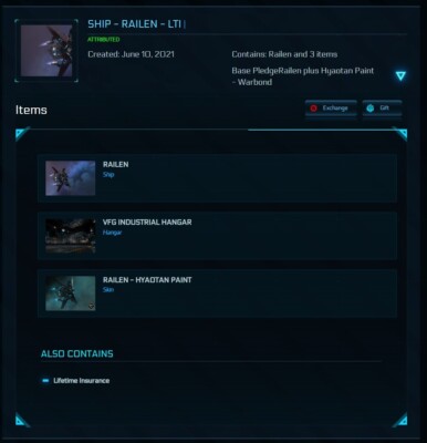 Star Citizen - Pack RAILEN PLUS HYAOTAN PAINT OC LTI - PC - Neuf