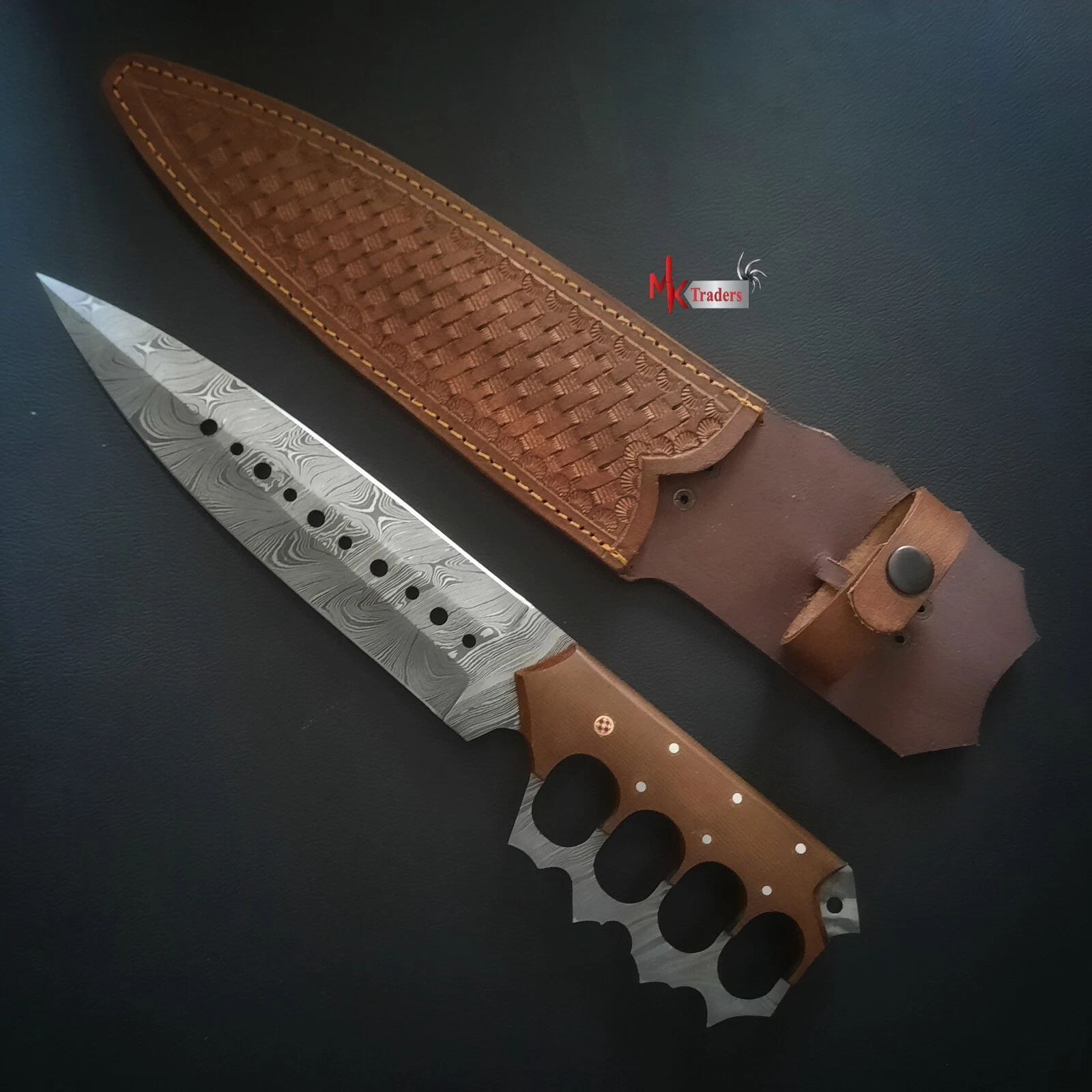 handmade Damascus steel bowie hunting knife, fixed blade knife with leather