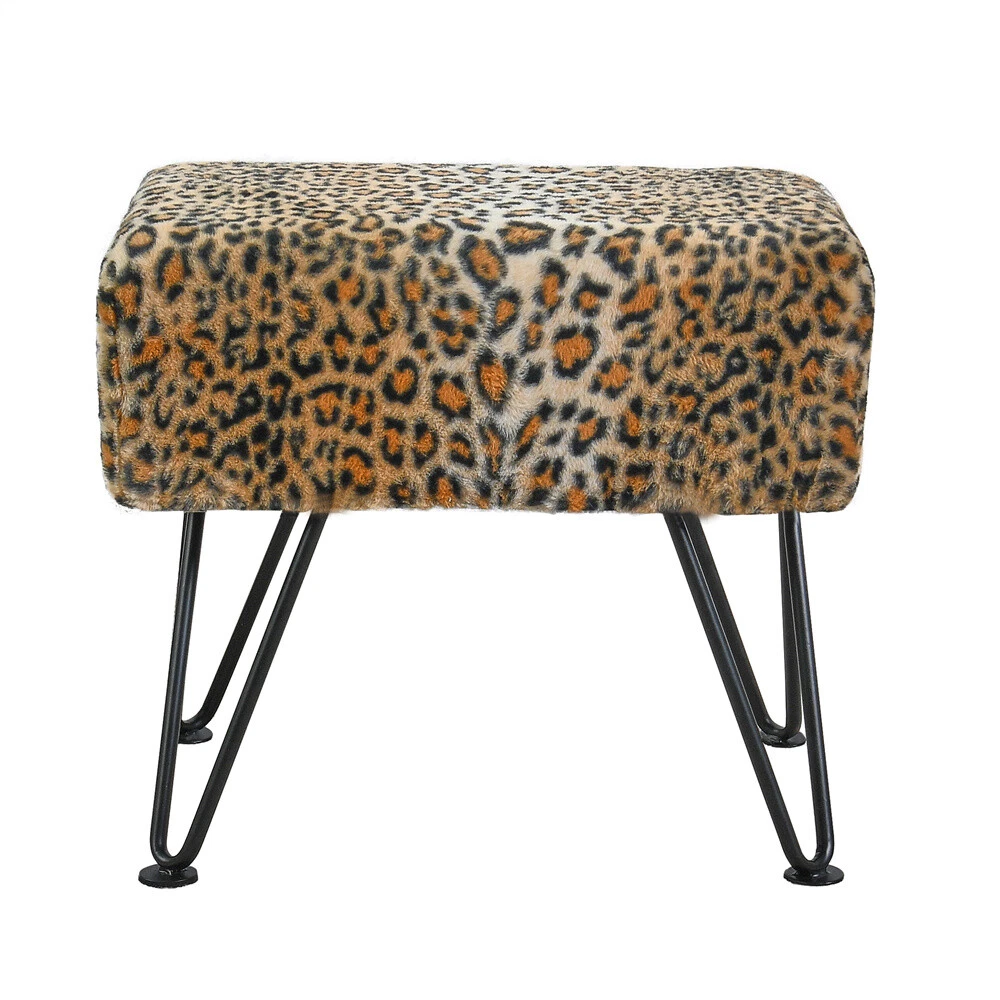 Modern Mink Footstool Vanity Bench Leopard Furry Faux Fur Stool with Black Legs image 11