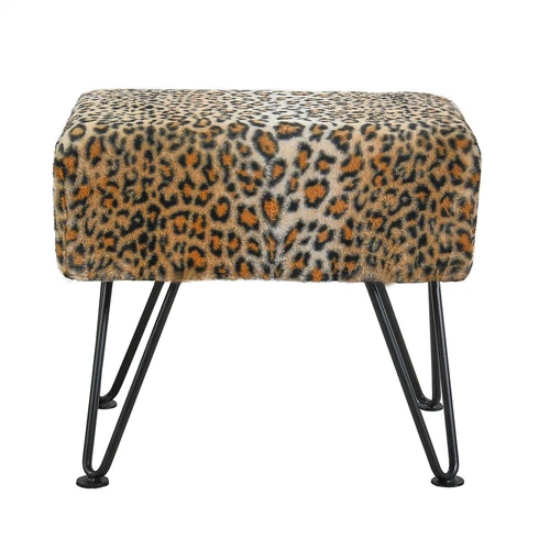 Modern Mink Footstool Vanity Bench Leopard Furry Faux Fur Stool with Black Legs image 11
