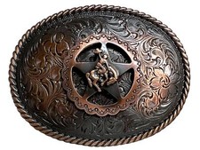 Western Copper Bronco Rider Star Rope Edged Floral Engraved Belt Buckle