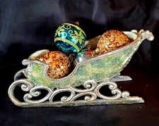 Antiqued Resin Center Piece Glittered Sleigh w/Vintage Christmas Balls 13 1/4"L