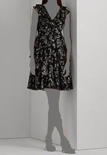 $195 Ralph Lauren Women's Black Fit Flare Silver Floral Motif Dress Size 10