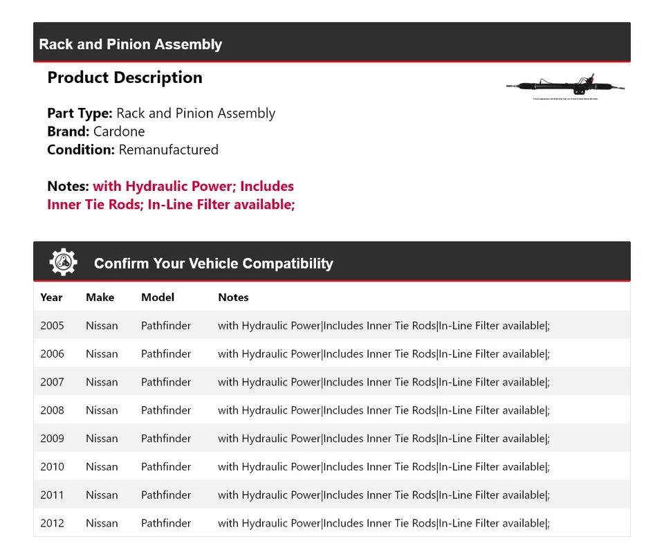 Conjunto de piñón y cremallera para Nissan Pathfinder 2005-2012 Cardone 2006 2007 2008 Foto 2 de 4