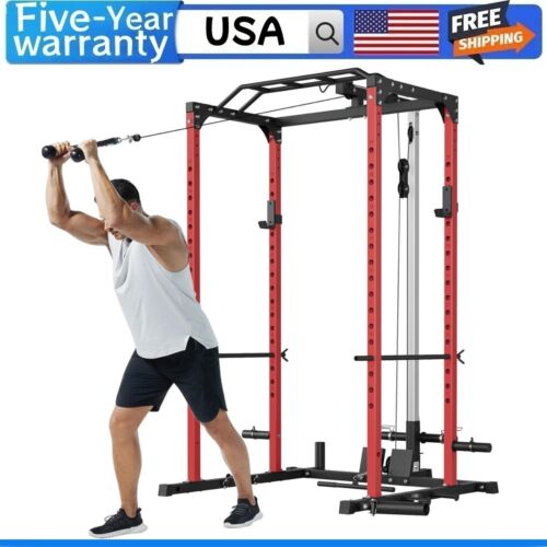 💯Power Cage 1200LBS Capacity Squat Rack with Pulley System Multifunctional Powe