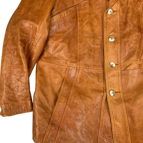 VTG 70s TAN SOFT LEATHER LEATHER BUTTON DOWN JACKET BIG COLLARS MOD DISCO 41” M - Picture 3 of 9