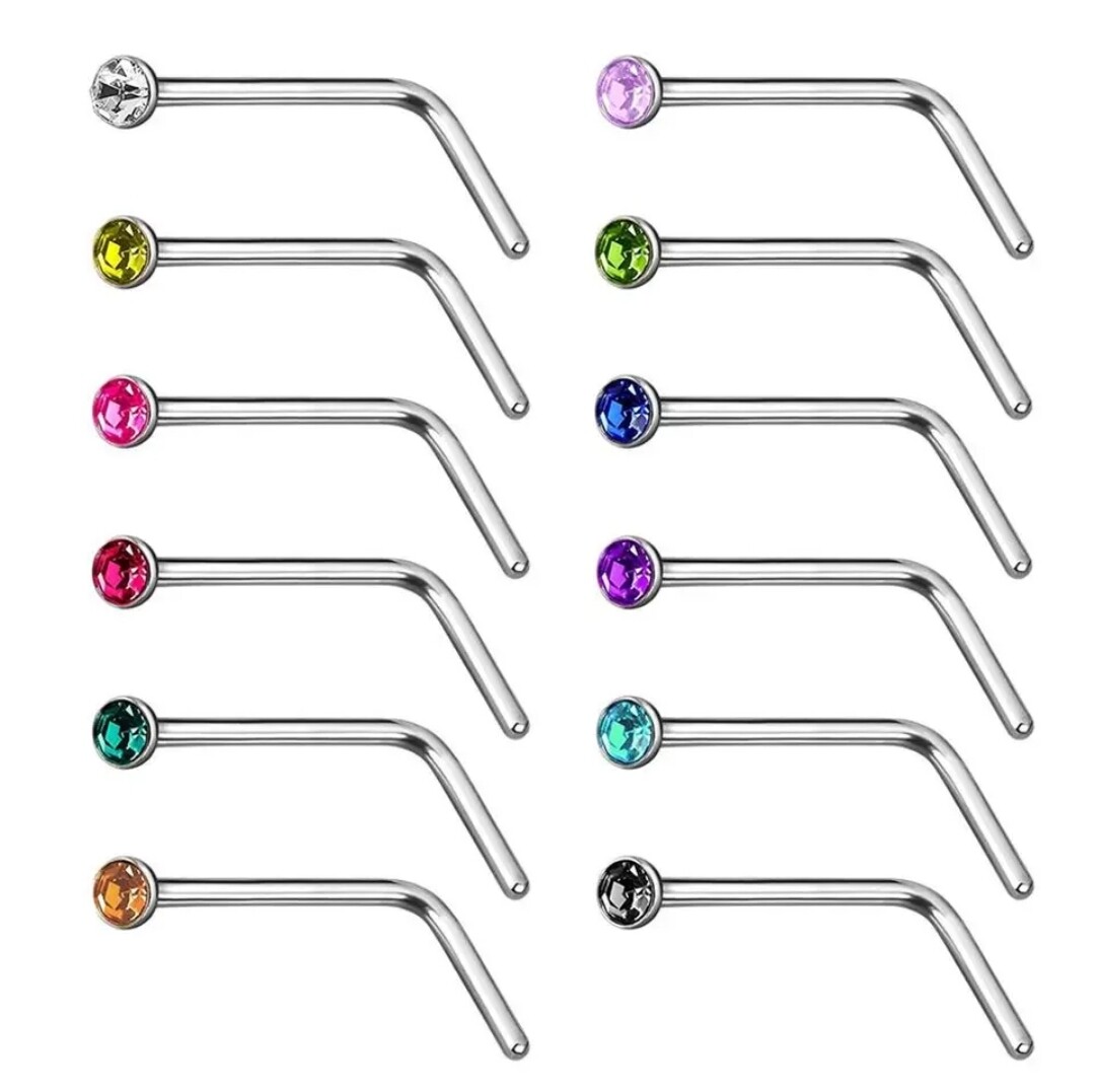 10-Pack Same-Color Press-Fit L-Bend Nose Ring Studs – Surgical Steel, Gem - View #3