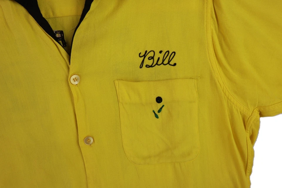 Camisa de boliche bordada amarilla mediana vintage años 50 KING LOUIE EE. UU. para hombre Foto 3 de 4