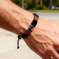 Triple Protection Men Bracelet Tiger's Eye Hematite Obsidian Square Bead Jewelry