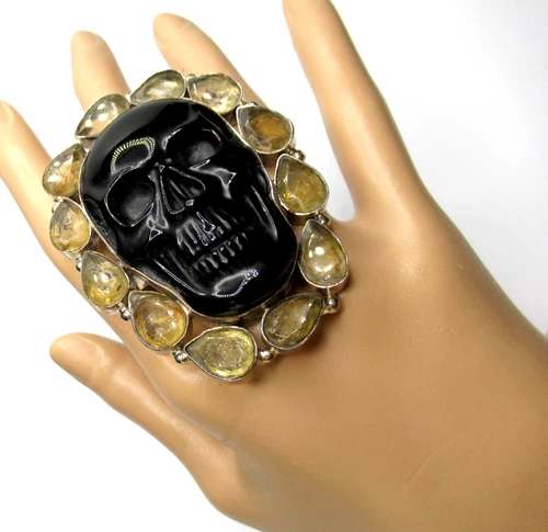 Amazing Carved Black Skull Yellow Citrine HUGE Ring - product listing photo