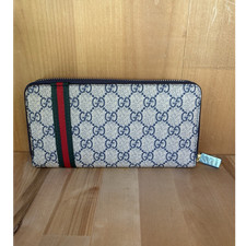 Gucci GG Logo Zip-Around Women  s Wallet Beige Blue Web Stripe Credit Card