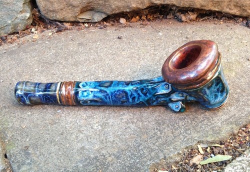 Sculpted Ceramic Pipe With Layered Frozen Pond Glazes - Handmade Studio Pottery - Picture 9 of 10