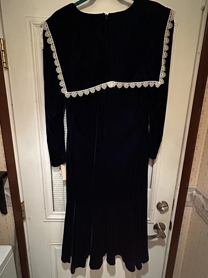 Vestido Gunne Sax vintage años 70 para mujer 9 azul terciopelo midi pradera encaje ribete Foto 4 de 4
