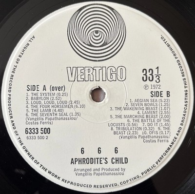 APHRODITE S CHILD 666 LP 1972 UK Vertigo SWIRL RARE First Press Prog Rock Psych