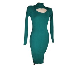 Teal Green Ribbed Mock Neck Cutout Long Sleeve Bodycon Midi Dress M clubwear