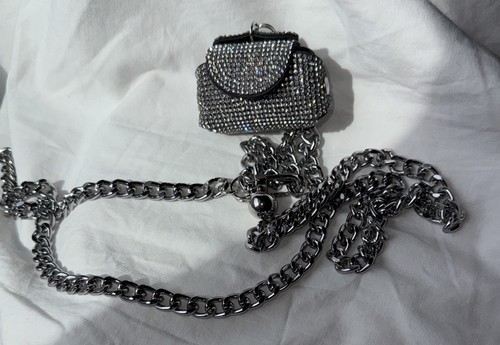Rhinestone Belt Bag Waist Chain Tiny Shoulder Bag Faux Leather M/L 40” Length