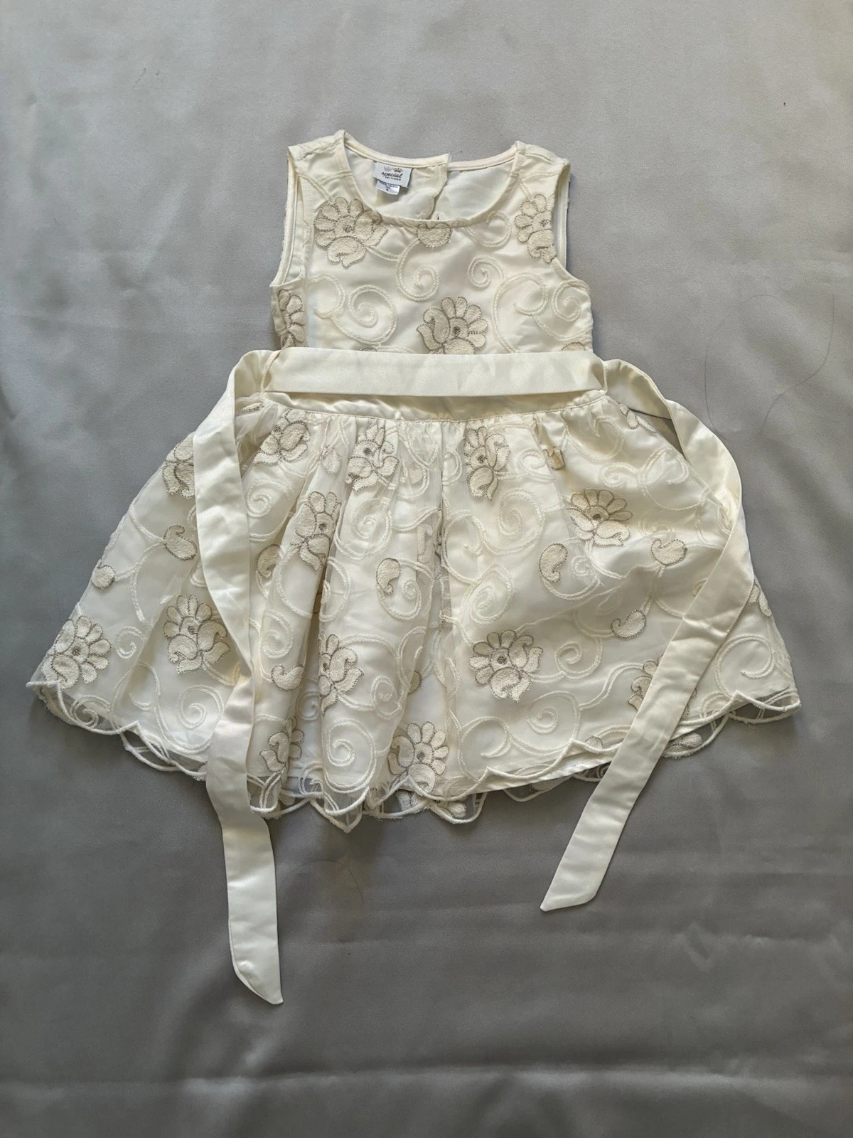 Special Edition Girls Fit & Flare Dress Beige Floral Embroidered Tie Back Size 5