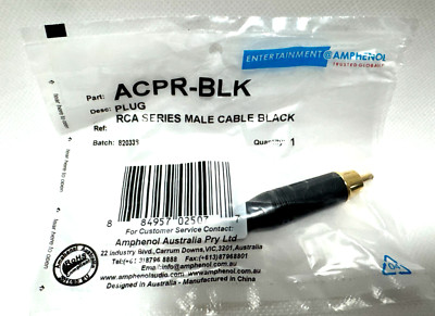 Amphenol RCA Male Plug ACPR-BLK Black Cable Connector Gold Contact Diecast Shell