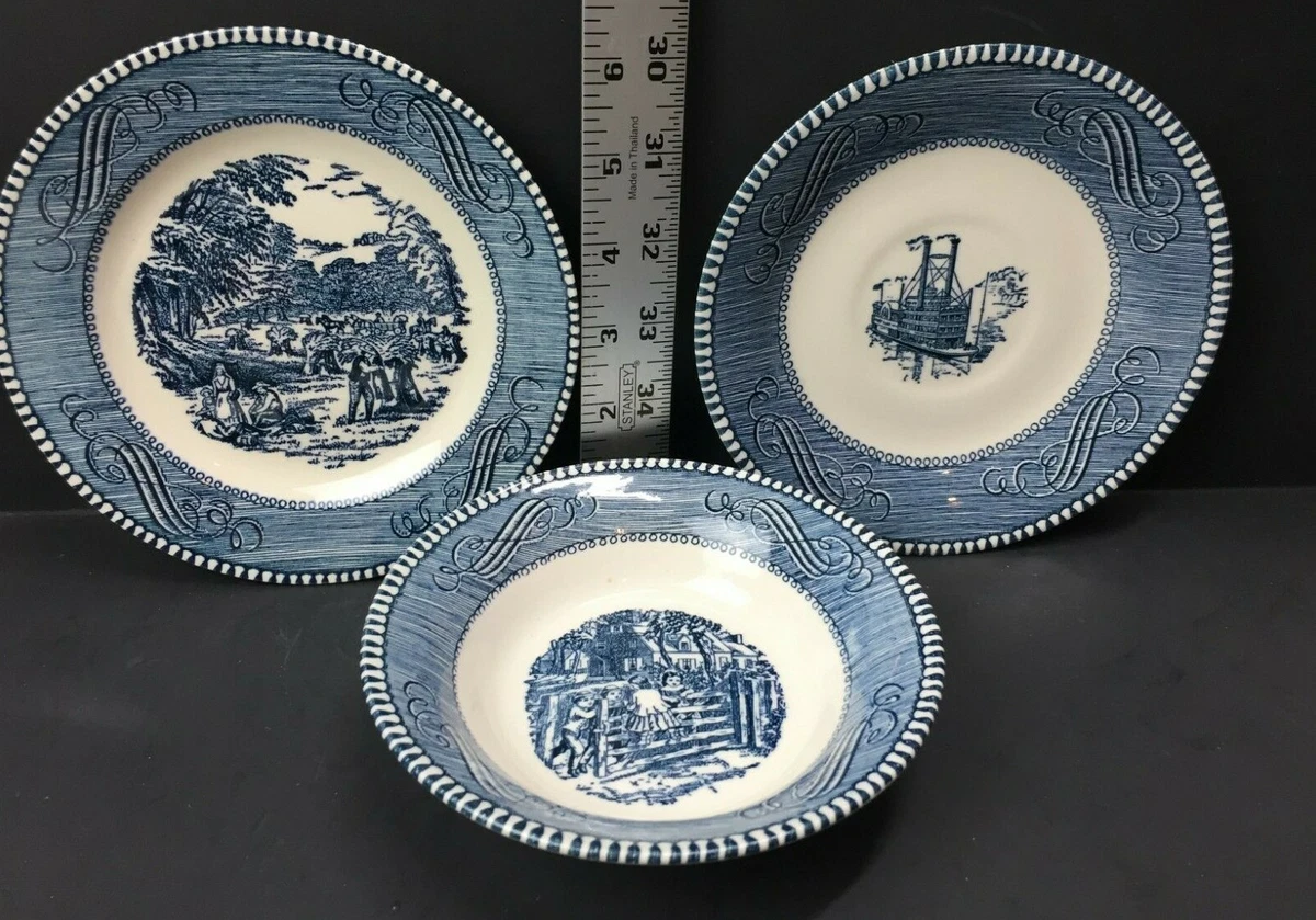 Vintage Currier Ives 3 Piece Lot 2 Saucer Plates 1 Bowl Blue