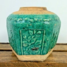 Antique Primitive Asian Pottery Hexagon Vase Ceramic Rustic