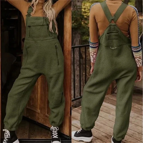 Women Fuzzy Fleece Overall Jumpsuits Casual Loose Fit Winter Sherpa Bib Overalls - Picture 5 of 24