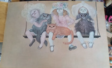 LEONOR FINI Raro ARTE Impresión Petites filles aux chats Niñas y Gatos en un Columpio
