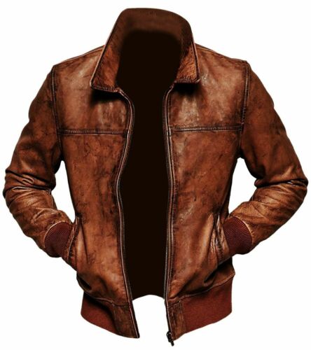 Men's Biker Motorcycle Vintage Distressed Brown Bomber Sheep Leather Coat - Picture 1 of 4