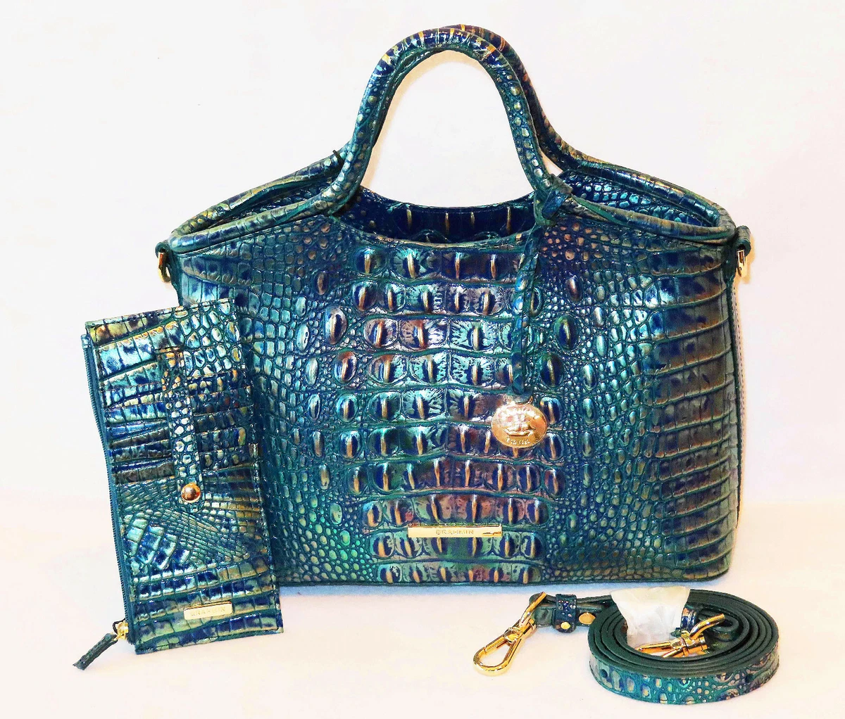 BRAHMIN Dramatic DRAGON BLUE/GREEN/ROSE GOLD Metallic CAROLINE 3 Piece SET  NWT