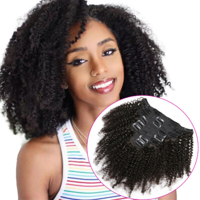 8 - 22inch clips human hair extensions Afro kinky curly 8pcs 120g lace #1B black