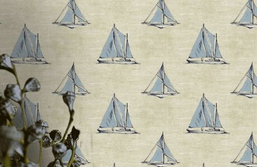Wallpaper Blue Nautical Sailing Ships on Beige Cream Faux Linen ,60 sq ft bolt - Picture 3 of 3