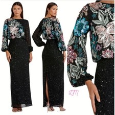 Mac Duggal 5615 Embellished Multi Color Floral High Neck Black Gown Size 4