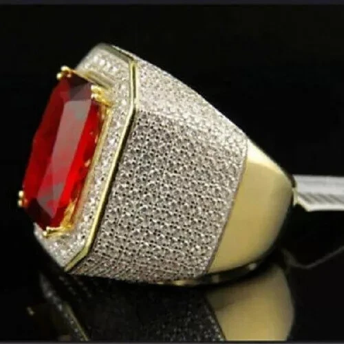 Anillo de compromiso para hombre enchapado en oro amarillo de 14 k rubí rojo simulado esmeralda de 5,21 quilates Foto 2 de 4