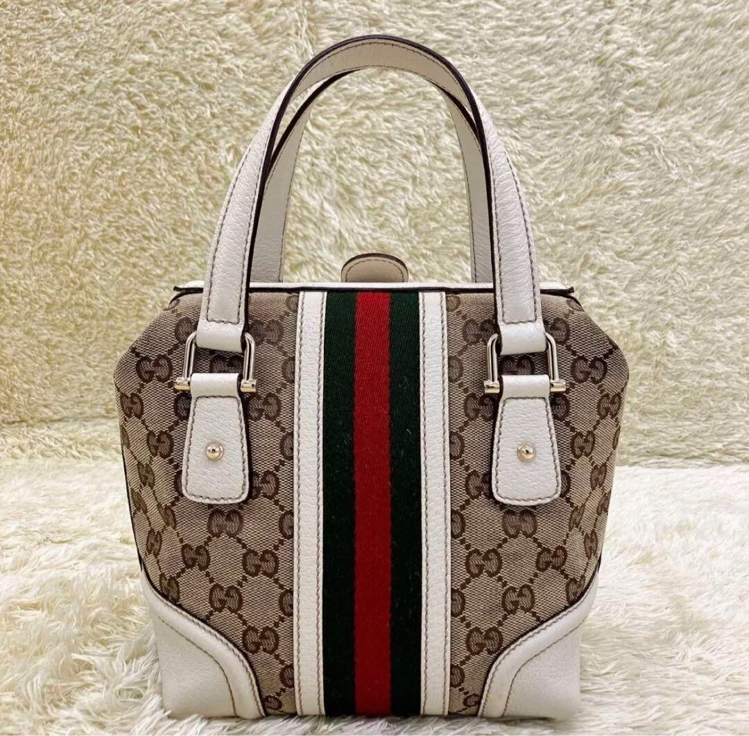 Authentic GUCCI GG Canvas Leather Sherry Line Doctors Bag Hand Bag Brown  Ivory