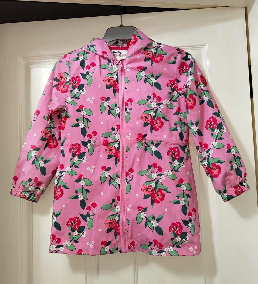Aroo Threadgirls Girls Pink Floral Hooded Zip Rain Coat Waterproof 7-8 Years