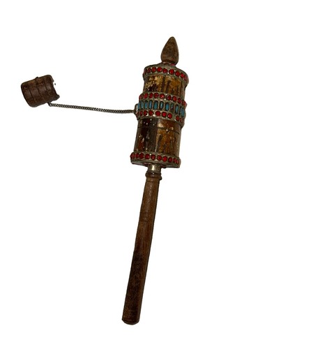 Vintage Colorful Tibetan Prayer wheel w/ turquoise & Coral 9.5" With Parchment