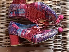 IRREGULAR CHOICE TARTAN,GLITTER & SEQUIN SHOES WITH POM POM LACES SZ 40