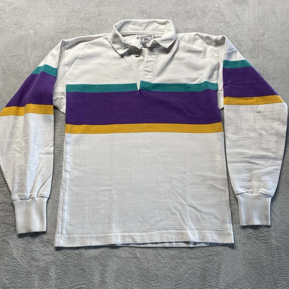 Camisa de Rugby Lands End De Colección Para Hombres Mediana Blanca Púrpura Polo Hiedra HECHA EN EE. UU. Años 80 90 Foto 3 de 4