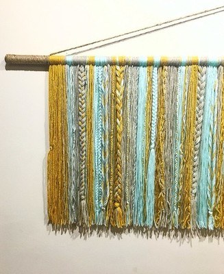 Modern Boho Yarn Wall Hanging | Large Teal Mustard Beige Fiber Art | Macrame