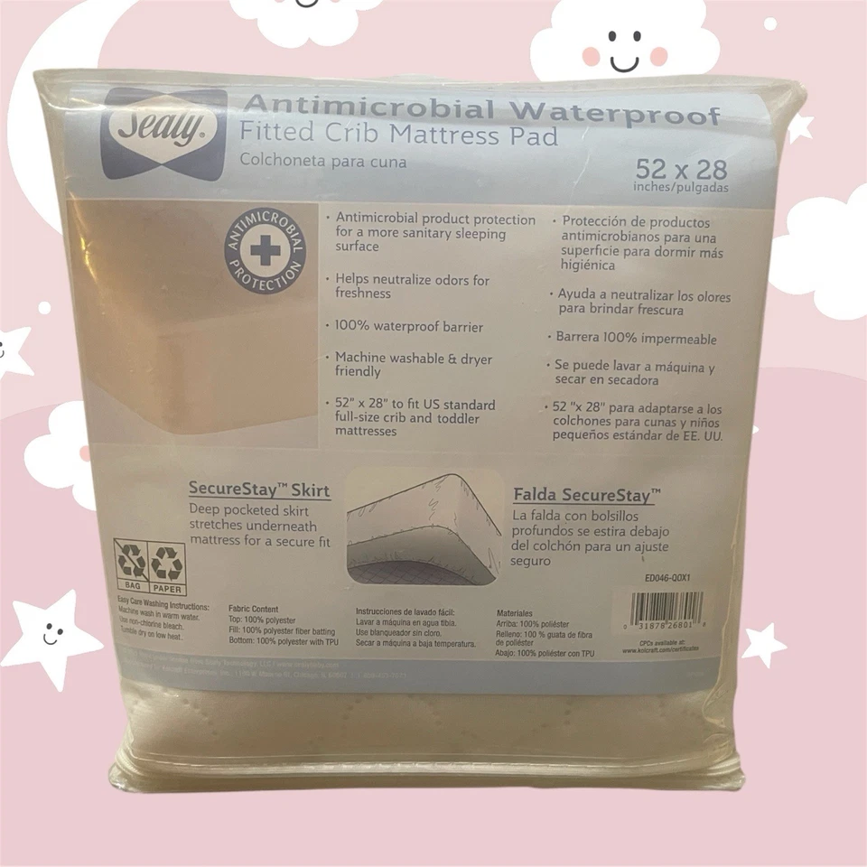 Almohadilla de colchón para cuna SEALY antimicrobiana impermeable 52x28 ~ ¡NUEVA! Foto 3 de 4