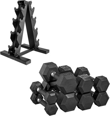 Barbell Rubber Coated Dumbbell Weight Set with Vertical Rack | 100 Lb, 150 Lb, a