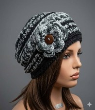 crochet womans handmade flower hat beanie gray speckle puffs new