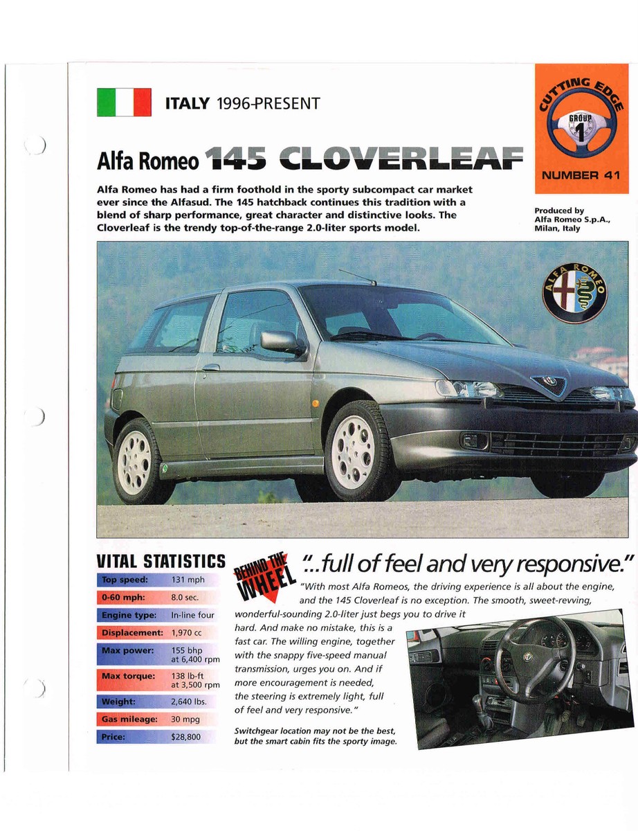 1996 / 1997 / 1998 ALFA ROMEO 145 CLOVERLEAF SPEC SHEET / Brochure