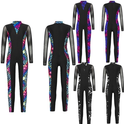 Kids Girl's Jumpsuit Print Rompers Patchwork Leotards Athletic Bodysuit Dance - Picture 3 of 11